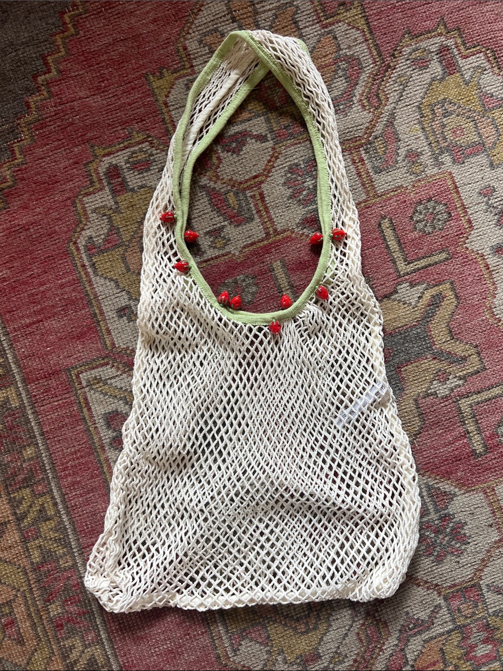 Free People Cream Mesh Farmers Market Bag with Strawberry beads